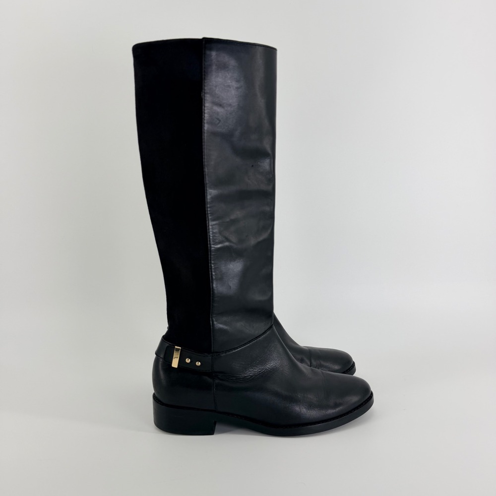 Cole Haan Black Leather Suede Tall Riding Boots Gold Buckle Round Toe 8.5B